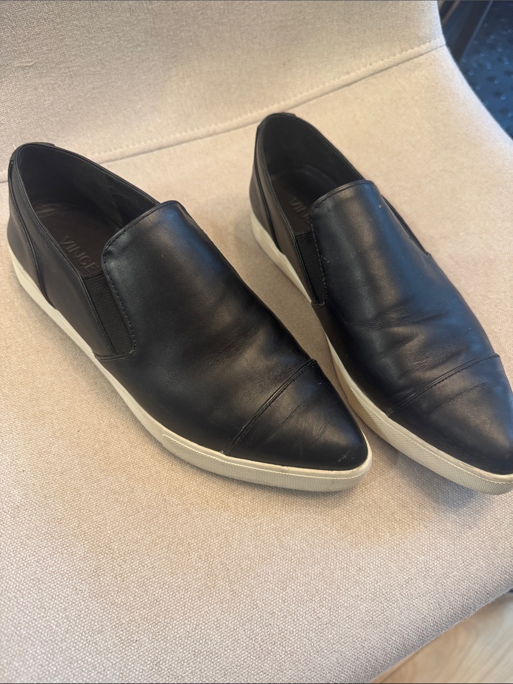 Vince Black Leather Slip-On Flats with White Sole